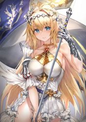 Rule 34 | 1girl, absurdres, bare shoulders, belt, blonde hair, blue eyes, blush, breasts, collarbone, diadem, dress, flag, flower, gauntlets, granblue fantasy, hair flower, hair intakes, hair ornament, highres, huge filesize, jeanne d&#039;arc (granblue fantasy), jewelry, large breasts, lily (flower), long hair, looking at viewer, moobong, neck ring, polearm, single gauntlet, solo, weapon, white dress