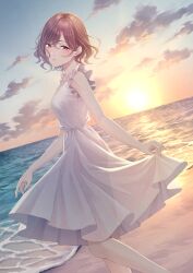 Rule 34 | 1girl, absurdres, ae iueo, beach, blush, breasts, dress, feet out of frame, highres, higuchi madoka, idolmaster, idolmaster shiny colors, looking at viewer, looking to the side, medium breasts, mole, mole under eye, outdoors, red eyes, see-through silhouette, short hair, skirt hold, sleeveless, sleeveless dress, solo, sun, sunset, white dress