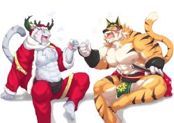Rule 34 | 2boys, abs, animal ears, antlers, bara, bare pectorals, beige fur, blush, bulge, chest hair, christmas, crossover, drunk, facial hair, fangs, feet out of frame, fur-trimmed jacket, fur trim, furry, furry male, goatee, grey fur, hand fan, hat, highres, horns, jacket, kalonezhno, large pectorals, live a hero, male focus, mature male, multiple boys, muscular, muscular male, navel, nimbus (world flipper), nipples, official alternate costume, open clothes, open jacket, orange fur, pectorals, pelvic curtain, red jacket, reindeer antlers, ryekie (drunk tiger) (live a hero), ryekie (live a hero), santa costume, santa hat, short hair, spread legs, stomach, thick thighs, thighs, tiger boy, tiger ears, two-tone fur, world flipper