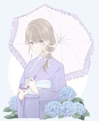 Rule 34 | 1girl, blue flower, blue sash, closed mouth, cropped torso, dot mouth, fingernails, flower, flower request, frilled umbrella, frills, hair ribbon, hairstyle request, holding, holding umbrella, japanese clothes, kimono, blue background, light brown hair, long sleeves, looking to the side, nail polish, obi, obijime, original, pastel colors, plant, purple kimono, purple nails, rain, ribbon, sash, solo, two-tone background, umbrella, upper body, white background, white ribbon, white umbrella, wide sleeves, yuum1709