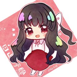 Rule 34 | anniversary, barefoot, black hair, blunt bangs, blush, chibi, collared shirt, commentary request, esist hourai, girl who trained on mt. haku (touhou), hair ribbon, hakama, hakama skirt, highres, japanese clothes, long hair, long skirt, long sleeves, miko, open mouth, portrait of exotic girls, red eyes, red hakama, red ribbon, red skirt, ribbon, shirt, side ponytail, skirt, sleeves past fingers, sleeves past wrists, standing, touhou, very long hair, white ribbon, white shirt, wide sleeves