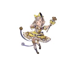 Rule 34 | 10s, 1girl, :d, blue eyes, bow, detached sleeves, dress, frilled dress, frills, full body, gloves, granblue fantasy, grey hair, hair bow, harvin, holding, idol, lilulu, long hair, looking at viewer, m/, mary janes, microphone, minaba hideo, official art, open mouth, pointy ears, puffy short sleeves, puffy sleeves, shoes, short sleeves, smile, solo, thighhighs, transparent background, white gloves, white thighhighs, yellow background, yellow dress