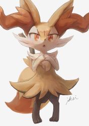 Rule 34 | 1girl, animal ear fluff, animal ears, animal feet, animal nose, artist name, black fur, blush, body fur, braixen, creatures (company), female focus, flat chest, fox ears, fox girl, fox tail, full body, furry, furry female, game freak, gen 6 pokemon, grey background, hands on own chest, hands up, highres, ikei, light blush, looking up, multicolored fur, neck fur, nintendo, open mouth, own hands together, pokemon, pokemon (creature), red eyes, signature, simple background, solo, standing, stick, tail, white fur, yellow fur
