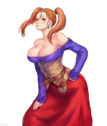 Rule 34 | 1girl, armpits, bare shoulders, belt, belt pouch, breasts, brown eyes, cleavage, collarbone, commentary request, corset, dragon quest, dragon quest viii, dress, earrings, hand on own hip, hand on own thigh, jessica albert, jewelry, large breasts, long hair, long sleeves, looking at viewer, orange hair, parted lips, pouch, shu-mai, signature, simple background, skirt, solo, standing, strapless, strapless dress, twintails, white background