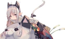 Rule 34 | 1girl, animal ears, black thighhighs, blush, cat, closed mouth, eyes visible through hair, fake animal ears, final fantasy, final fantasy xiv, green eyes, grey hair, highres, holding, lalafell, long hair, lying, on stomach, pointy ears, ribbed sweater, simple background, sweater, tail, thighhighs, tota (sizukurubiks), warrior of light (ff14), white background, white sweater