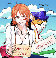 Rule 34 | 1girl, bandaid, bandaid on face, bin (binonep), blue headwear, blue sky, closed mouth, cloud, collarbone, collared shirt, dress shirt, fox, highres, long sleeves, looking at viewer, nami (one piece), neck ribbon, one piece, orange hair, ribbon, shirt, short hair, signature, sky, smile, solo, straight hair, upper body, white shirt, wing collar