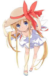Rule 34 | 1girl, alternate costume, bare arms, bare shoulders, bell, blonde hair, blue eyes, bow, breasts, collar, collarbone, downblouse, dress, fairy wings, feet, hands on headwear, hat, hat bow, lily white, long hair, looking at viewer, neck bell, salamander (hop-step), sandals, simple background, sleeveless, sleeveless dress, small breasts, smile, solo, straw hat, sundress, touhou, very long hair, white background, wings