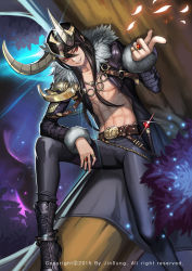Rule 34 | 1boy, abs, absurdres, belt, black hair, boots, coat, evil smile, fake horns, fur trim, hair between eyes, helmet, highres, horned helmet, jacket, jewelry, kim jin sung, loki (mythology), looking at viewer, male focus, necklace, norse mythology, open clothes, open jacket, original, pants, parted lips, petals, red eyes, ring, topless male, sitting, smile, solo, tree