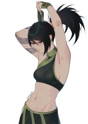 Rule 34 | 1girl, akali, armpits, arms up, artist name, black hair, closed mouth, crop top, green skirt, highres, league of legends, long hair, navel, red eyes, simple background, skirt, solo, stomach, tauri (iotauri), tying hair, white background