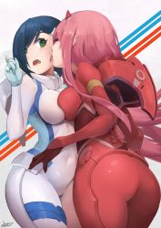 Rule 34 | 10s, 2018, 2girls, absurdres, ass, blue eyes, blue hair, bodysuit, breast press, breasts, covered navel, curvy, darling in the franxx, dated, formal, green eyes, highres, hip focus, horns, ichigo (darling in the franxx), johnson zhuang, kiss, licking, long hair, medium breasts, multiple girls, pink hair, red bodysuit, short hair, signature, suit, symmetrical docking, tight clothes, tongue, tongue out, white bodysuit, wide hips, yuri, zero two (darling in the franxx)