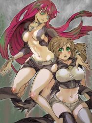 Rule 34 | 2girls, barefoot, blush, breasts, brown hair, chain, character request, cleavage, crop top, female focus, green eyes, jpeg artifacts, large breasts, legs, mankintan, midriff, mithra (psyren), multiple girls, navel, psyren, red hair, shirt, short shorts, shorts, skindentation, taut clothes, taut shirt, tenjuin marie, thighhighs, thighs