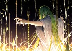 Rule 34 | 1other, chain, closed mouth, dark background, ede, enkidu (fate), fate/grand order, fate (series), from behind, green hair, hair over eyes, highres, long hair, other focus, outstretched arms, robe, simple background, smile, solo, standing, stretched limb, trap, very long hair, white robe, wide sleeves