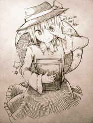 Rule 34 | 1girl, artist name, book, bow, character name, closed mouth, crescent, hair bow, hand up, hat, holding, holding book, long sleeves, looking at viewer, monochrome, necktie, short hair, sketch, skirt, smile, solo, star-shaped pupils, star (symbol), symbol-shaped pupils, touhou, traditional media, twitter username, usami renko, wadante