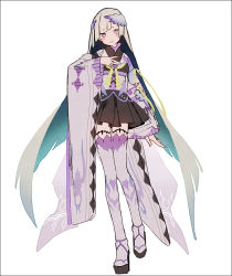 Rule 34 | 1girl, black footwear, black kimono, blush stickers, brynhildr (fate), closed mouth, diagonal bangs, fate/prototype, fate/prototype: fragments of blue and silver, fate (series), full body, green hair, grey hair, hakusai (tiahszld), hand up, japanese clothes, kimono, kimono skirt, long hair, long sleeves, multicolored hair, obi, purple eyes, sash, simple background, sleeves past wrists, smile, solo, standing, standing on one leg, thighhighs, two-tone hair, very long hair, white background, white thighhighs, wide sleeves