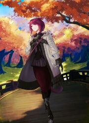 Rule 34 | 1girl, absurdres, animal ears, autumn leaves, cat ears, cat tail, commission, dutch angle, facial mark, final fantasy, final fantasy xiv, hat, highres, jacket, medium hair, miqo&#039;te, open clothes, open jacket, outdoors, purple eyes, purple hair, solo, tail, tree, warrior of light (ff14), whisker markings, zeri (zeristudio)