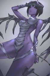 Rule 34 | 1girl, allure (monster farm), arm behind back, arm up, bad id, bad pixiv id, bare shoulders, black hair, black horns, black wings, breasts, colored skin, demon girl, demon horns, demon tail, demon wings, gradient background, grey leotard, hand on own head, horns, leotard, medium breasts, monster farm, purple skin, red eyes, short hair, solo, tail, wings, ymok
