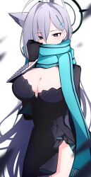 Rule 34 | 1girl, animal ears, black dress, black gloves, blue archive, blue eyes, blue scarf, blush, breasts, cleavage, cowboy shot, dark halo, dress, extra ears, fringe trim, gloves, grey hair, hair between eyes, halo, highres, large breasts, long hair, long sleeves, mismatched pupils, scarf, shiroko (blue archive), shiroko terror (blue archive), simple background, solo, white background, wolf ears, yun (kbdenz9)