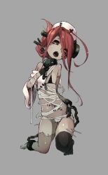 Rule 34 | 1girl, chain, cuffs, female focus, flat chest, folded ponytail, full body, hat, highres, hikiniku, nurse, nurse cap, open mouth, original, shackles, simple background, solo, stitches, zombie