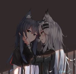 Rule 34 | 2girls, :d, animal ear fluff, animal ears, arknights, artist name, bad id, bad pixiv id, black capelet, black hair, black jacket, blush, breath, brown eyes, capelet, commentary, fang, from side, grey background, grey eyes, hair between eyes, hair ornament, hairclip, head tilt, highres, jacket, lappland (arknights), leria v, long hair, long sleeves, looking at another, looking at viewer, multiple girls, open mouth, profile, shadow, sidelocks, signature, silver hair, smile, texas (arknights), trembling, upper body, white jacket, wolf ears, yuri