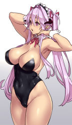 Rule 34 | 1girl, armpits, arms up, bare shoulders, breasts, cleavage, covered navel, demon girl, demon horns, demon maid (houtengeki), detached collar, female focus, gradient background, horns, houtengeki, huge breasts, large breasts, leotard, long hair, open mouth, original, playboy bunny, pointy ears, purple eyes, purple hair, sidelocks, simple background, solo, twintails, very long hair, wrist cuffs