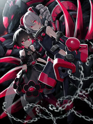 Rule 34 | 2girls, arm cuffs, asymmetrical gloves, bad id, bad pixiv id, bare shoulders, black background, black dress, black flower, black footwear, black gloves, black hair, black leotard, blurry, blurry background, blurry foreground, boots, breasts, bronya zaychik, bronya zaychik (black nucleus), cannon, chain, collarbone, commentary request, crossed bangs, dark persona, dress, drill hair, elbow gloves, expressionless, facial mark, flat chest, floating, flower, full body, gauntlets, gloves, grey hair, headgear, high heel boots, high heels, highres, honkai (series), honkai impact 3rd, jell (jell y fish), keyhole, leotard, long hair, looking at viewer, multicolored hair, multiple girls, project bunny, red eyes, red hair, seele (alter ego), seele vollerei, seele vollerei (stygian nymph), sidelocks, single elbow glove, sleeveless, sleeveless dress, small breasts, smile, thigh boots, thighhighs, twin drills, two-tone hair, uneven gloves