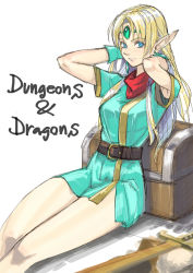 Rule 34 | 1girl, blonde hair, capcom, dungeons &amp; dragons, elf, fantasy, female focus, lucia (d&amp;d), pointy ears, solo, sword, tetsu (kimuchi), treasure chest, weapon, white background