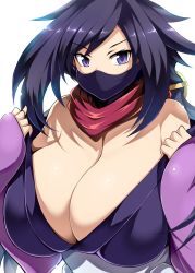 Rule 34 | 10s, 1girl, ayame (gundam build divers), bare shoulders, black hair, breasts, cleavage, commentary request, covered mouth, gundam, gundam build divers, half mask, highres, huge breasts, japanese clothes, kimono, large breasts, long hair, looking at viewer, low ponytail, mask, mouth mask, ninja, ninja mask, no bra, off shoulder, ponytail, purple eyes, scarf, shiny skin, short kimono, simple background, solo, tsukasawa takamatsu, undressing, upper body, white background