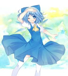 Rule 34 | 1girl, ascot, bad id, bad pixiv id, blue eyes, blue hair, blush, bow, cirno, hair bow, ice, ice wings, matching hair/eyes, odero, one eye closed, open mouth, puffy sleeves, shiroru (mousou romance), short hair, short sleeves, smile, solo, thighhighs, touhou, white thighhighs, wings, wink, zettai ryouiki