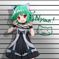 Rule 34 | 1girl, :d, ahoge, animal ear fluff, animal ears, arm scrunchie, black choker, black dress, black ribbon, blush, bow, butterfly ornament, choker, claw pose, collarbone, cowboy shot, dress, dress bow, drop shadow, ear ribbon, earrings, fang, green hair, green nails, hair ornament, hands up, hololive, jewelry, looking at viewer, medium hair, mogura2009, nail polish, nyan, off shoulder, open mouth, pleated dress, red eyes, ribbon, see-through, short sleeves, simple background, smile, solo, standing, uruha rushia, uruha rushia (3rd costume), virtual youtuber