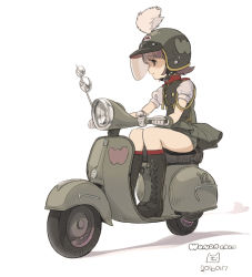 Rule 34 | 1girl, 2016, band uniform, boots, brown hair, character name, cross-laced footwear, dated, flipped hair, full body, gloves, green footwear, helmet, knee boots, kokudou juunigou, lace-up boots, motor vehicle, puffy short sleeves, puffy sleeves, riding, scooter, short hair, short sleeves, signature, simple background, solo, wanda (wonder festival), white background, white gloves, wonder festival, wonder festival mascots