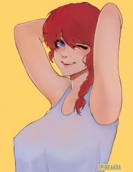 Rule 34 | 1girl, absurdres, armpits, arms behind head, arms up, artist name, bad id, bad pixiv id, bare arms, bare shoulders, blue eyes, braid, braided ponytail, camisole, collarbone, fire-akra, genderswap, genderswap (mtf), highres, long hair, looking at viewer, one eye closed, open mouth, ranma-chan, ranma 1/2, red hair, saotome ranma, simple background, single braid, smile, solo, twitter username, upper body, yellow background