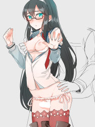 Rule 34 | 10s, 1boy, 1girl, against wall, bad id, bad pixiv id, between thighs, black hair, blue eyes, blush, breasts, frottage, glasses, grabbing, grabbing another&#039;s breast, grabbing from behind, grinding, hairband, hetero, highres, kantai collection, long hair, looking at viewer, nipples, no pants, oniku (oishii oniku), ooyodo (kancolle), open clothes, open shirt, panties, penis, school uniform, serafuku, shirt, side-tie panties, simple background, small breasts, solo focus, thigh sex, underwear