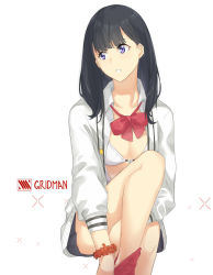 Rule 34 | 1girl, black hair, black skirt, bow, bowtie, bra, breasts, cardigan, cleavage, collarbone, copyright name, gridman universe, invisible chair, looking to the side, miniskirt, open cardigan, open clothes, orange scrunchie, pleated skirt, purple eyes, red bow, red bowtie, saruno (eyesonly712), school uniform, scrunchie, simple background, sitting, skirt, small breasts, solo, ssss.gridman, takarada rikka, underwear, white background, white bra, white cardigan, wing collar, wrist scrunchie