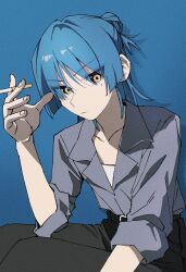 Rule 34 | 1girl, aged up, black pants, blue background, blue hair, blue shirt, bocchi the rock!, chorohanage, cigarette, closed mouth, collarbone, collared shirt, commentary request, eyes visible through hair, highres, holding, holding cigarette, looking at viewer, mole, mole under eye, pants, shirt, short hair, simple background, sleeves rolled up, solo, yamada ryo, yellow eyes