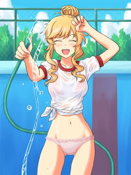 Rule 34 | 1girl, arm up, blonde hair, blue sky, bralines, chain-link fence, closed eyes, cloud, cloudy sky, commentary request, commission, cowboy shot, crotch seam, day, drill hair, drill sidelocks, empty pool, facing viewer, fence, gym shirt, gym uniform, holding, holding hose, hose, idolmaster, idolmaster cinderella girls, lielos, navel, no pants, ohtsuki yui, open mouth, outdoors, panties, partial commentary, pixiv commission, pool, see-through, shirt, short hair with long locks, short sleeves, sidelocks, sky, smile, solo, standing, tied shirt, underwear, water, wet, wet clothes, wet shirt, white panties