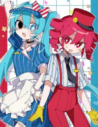 Rule 34 | 2girls, apron, black eyes, blue dress, blue eyes, blue hair, blue hat, blush stickers, bow, buttons, cowboy shot, double-breasted, dress, gil (gil 261), gloves, grid background, hair bow, hat, hatsune miku, heterochromia, highres, kasane teto, long hair, looking at viewer, mesmerizer (vocaloid), multiple girls, oekaki, open mouth, pants, pink eyes, pink hair, pinstripe dress, pinstripe hat, pinstripe pattern, puffy short sleeves, puffy sleeves, red hat, red pants, short sleeves, single empty eye, smile, striped bow, sweat, twintails, utau, very long hair, visor cap, vocaloid, waitress, yellow gloves
