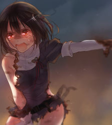 Rule 34 | 10s, 1girl, amattle, black hair, breasts, burnt clothes, cowboy shot, glint, haguro (kancolle), hair ornament, kantai collection, night, open mouth, red eyes, short hair, small breasts, smoke, solo, tears, torn clothes