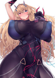 Rule 34 | 1girl, artist request, blonde hair, blush, bodysuit, breasts, covered erect nipples, curvy, barghest (fate), barghest (second ascension) (fate), fate/grand order, fate (series), hand on own chest, highres, huge breasts, pantyhose, simple background, skin tight, solo, thighs, white background
