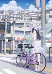 Rule 34 | 1girl, aircraft, airship, ankle strap, awning, bare shoulders, bicycle, black hair, blue eyes, car, cityscape, cloud, crosswalk, day, dirigible, dress, flower, from behind, hat, hat ribbon, high heels, highres, hill, long hair, looking at viewer, looking back, motor vehicle, original, outdoors, plant, potted plant, power lines, railing, ribbon, sandals, scenery, shoes, shop, sign, sky, sleeveless, sleeveless dress, smile, solo, spaghetti strap, stairs, standing, strappy heels, sun hat, sundress, sunflower, tactile paving, taka (tsmix), traffic light, vehicle, white dress, white footwear