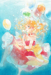 Rule 34 | 1girl, air bubble, balloon, bare shoulders, barefoot, blonde hair, blue eyes, bow, breasts, bubble, choker, cleavage, dress, long hair, medium breasts, original, painting (medium), red dress, rei (456789io), solo, strapless, strapless dress, traditional media, underwater, watercolor (medium)