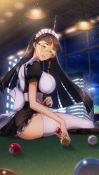Rule 34 | 1girl, absurdres, apron, ball, between breasts, billiard ball, billiards, blunt bangs, breasts, building, cluseller, commentary request, cue stick, glasses, green eyes, highres, hime cut, indoors, lamppost, large breasts, light, long hair, looking back, looking down, maid, maid apron, maid headdress, night, original, parted lips, pool table, red lips, rimless eyewear, sitting, sitting on table, solo, table, thighhighs, thighs, white thighhighs, window