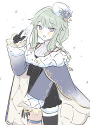 Rule 34 | 1girl, alternate hairstyle, black gloves, black thighhighs, blush, commentary request, dot nose, gloves, green hair, hand up, hat, highres, kusanagi nene, long hair, long sleeves, low-tied sidelocks, open mouth, pjmiyo, project sekai, purple eyes, single thighhigh, snow, solo, thighhighs, white background