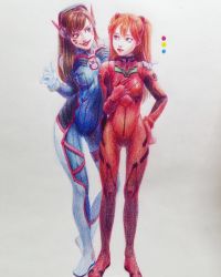 Rule 34 | 2girls, animal print, armor, blue bodysuit, blue eyes, bodysuit, boots, bracer, breasts, breasts apart, brown eyes, brown hair, color guide, covered navel, crayon (medium), crossover, d.va (overwatch), eyelashes, facepaint, facial mark, flower, full body, gloves, hairpods, hand on another&#039;s shoulder, hand on own hip, hand on own chest, hand up, hands up, headgear, headphones, high collar, highres, impossible bodysuit, impossible clothes, index finger raised, interface headset, legs apart, lips, lipstick, long hair, long sleeves, makeup, medium breasts, multiple girls, neon genesis evangelion, nose, orange hair, overwatch, overwatch 1, parted lips, pauldrons, pilot suit, pinky out, plugsuit, rabbit print, red bodysuit, red gloves, red lips, ribbed bodysuit, seojoo woo, shoulder armor, shoulder pads, simple background, skin tight, smile, souryuu asuka langley, standing, straight hair, tape, thigh boots, thigh strap, thighhighs, traditional media, turtleneck, two side up, whisker markings, white background, white footwear, white gloves