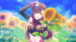 Rule 34 | 1girl, ;d, arm up, bare shoulders, blue sky, blush, breasts, bridal gauntlets, brown hair, cloud, cloudy sky, commission, copyright request, crop top, day, ear piercing, eyes visible through hair, flower, holding, holding flower, ittokyu, long hair, looking at viewer, medium breasts, multicolored hair, navel, one eye closed, open mouth, outdoors, piercing, purple eyes, purple hair, sky, smile, solo, sunflower, two-tone hair, upper body, very long hair, virtual youtuber, yellow flower
