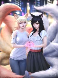 Rule 34 | 1girl, ahri (league of legends), alternate hair color, animal ears, arm at side, black hair, black skirt, blonde hair, blue eyes, blue pants, breasts, building, city, commentary, denim, dual persona, english commentary, facial mark, fox ears, fox girl, fox tail, frilled shirt, frills, gohpot, hands up, heart, heart hands, jeans, league of legends, legs together, lips, long hair, looking at viewer, medium breasts, multiple tails, nail polish, pants, parted lips, pleated skirt, red nails, shirt, signature, skirt, solo, star guardian (league of legends), star guardian ahri, swept bangs, tail, whisker markings, white shirt, yellow eyes