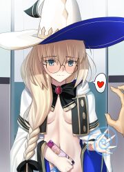 1girl absurdres aesc_(fate) aesc_(rain_witch)_(fate) blonde_hair blue_eyes blush bow braid breasts brooch cloak fate/grand_order fate_(series) gold_trim hat highres hypnosis jewelry long_hair long_sleeves longdq3008 manga_(object) medium_breasts mind_control naked_cloak navel round_eyewear solo_focus white_cloak witch_hat