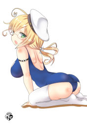 Rule 34 | 10s, 1girl, :d, ahoge, arm strap, arm support, artist name, ass, back, beret, blonde hair, blue one-piece swimsuit, body blush, breasts, chize, crown, eyebrows, from side, full body, glasses, green eyes, hair ribbon, hat, heart, heart ahoge, i-8 (kancolle), impossible clothes, impossible swimsuit, kantai collection, large breasts, leaning forward, long hair, looking at viewer, looking back, low twintails, one-piece swimsuit, open mouth, parted bangs, ribbon, school swimsuit, seiza, shadow, sitting, smile, solo, swimsuit, thighhighs, twintails, wariza, watermark, white hat, white ribbon, white thighhighs