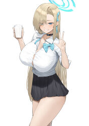 Rule 34 | 1girl, absurdres, asuna (blue archive), black skirt, blue archive, blue eyes, blue ribbon, blush, breasts, choker, collared shirt, cup, dress shirt, grin, hair over one eye, hair ribbon, halo, highres, large breasts, light brown hair, long hair, looking at viewer, lordol, pleated skirt, ribbon, scrunchie, shirt, skirt, sleeves rolled up, smile, solo, thighs, very long hair, white shirt, wrist scrunchie