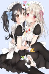 Rule 34 | 2girls, apron, black dress, black hair, black legwear, blonde hair, blue background, blue hairband, blue ribbon, blueberry, blush, bow, breast press, breasts, brown eyes, brown hair, butterfly hair ornament, cherry, closed mouth, commentary request, dress, face-to-face, fate/kaleid liner prisma illya, fate (series), food, frilled apron, frills, from side, fruit, hair between eyes, hair ornament, hair ribbon, hairband, heart, illyasviel von einzbern, long hair, looking at viewer, maid, maid apron, maid headdress, miyu edelfelt, multiple girls, open mouth, orange (fruit), orange slice, parted lips, pink eyes, pink ribbon, platinum blonde hair, puffy short sleeves, puffy sleeves, red eyes, revision, ribbon, short sleeves, side ponytail, silver hair, simple background, sino (sionori), sitting, skindentation, small breasts, smile, spill, strawberry, sweatdrop, symmetrical docking, tareme, thighhighs, thighs, twintails, waist apron, wariza, whipped cream, white apron, white bow