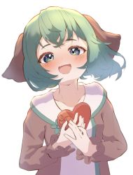 Rule 34 | 1girl, :d, absurdres, animal ears, blush, box, dog ears, gift, green eyes, green hair, gumi 9357, gumichan, heart, heart-shaped box, highres, holding, holding gift, kasodani kyouko, long sleeves, looking at viewer, open mouth, own hands together, short hair, simple background, smile, solo, touhou, upper body, valentine, white background